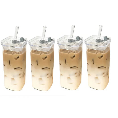 1PCS Square Heat Resistant Coffee Glass Cup With Lid and Straw Transparent Milk Tea Juice Cups Coffee Mug For Home Bar Drinkware