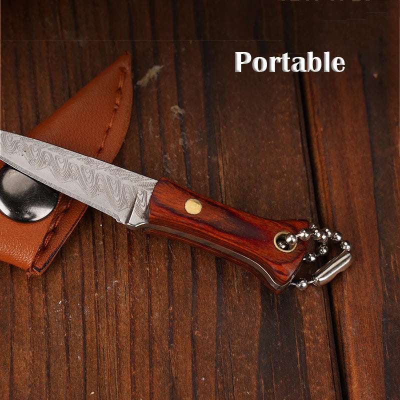 Portable Mini Knife Brass Wood Unboxing Hollow Blade EDC Fixed Blade Leather Cover Cutter Outdoor Surivival Tools Gift