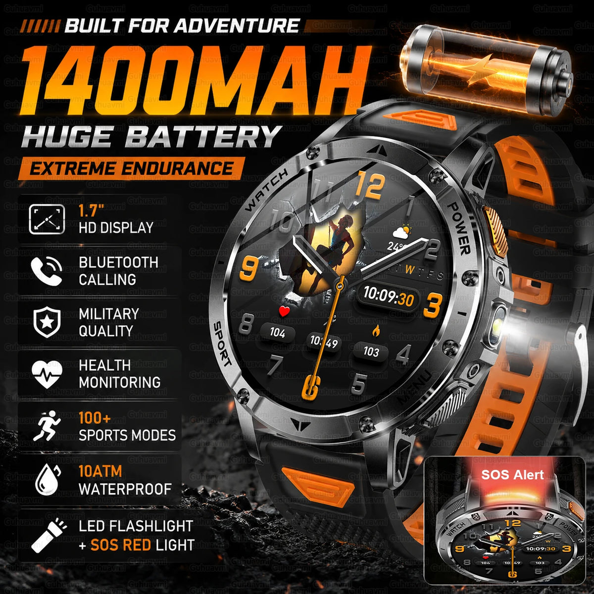 1400mAh Large Battery Military Smart Watch Men 1.7"HD Bluetooth Call 10ATM Waterproof LED Flash SOS Health Monitor Sport Watches