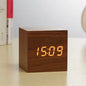 Digital LED Alarm Clock Square Wooden Retro Luminous Clock Desktop Decoration Voice Control Function Desktop Clock