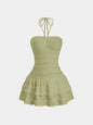 Ladies Solid Color High Elastic Fabric Backless Neckline Mini Skirt with Hem Ruffle Design Elegant Casual Style