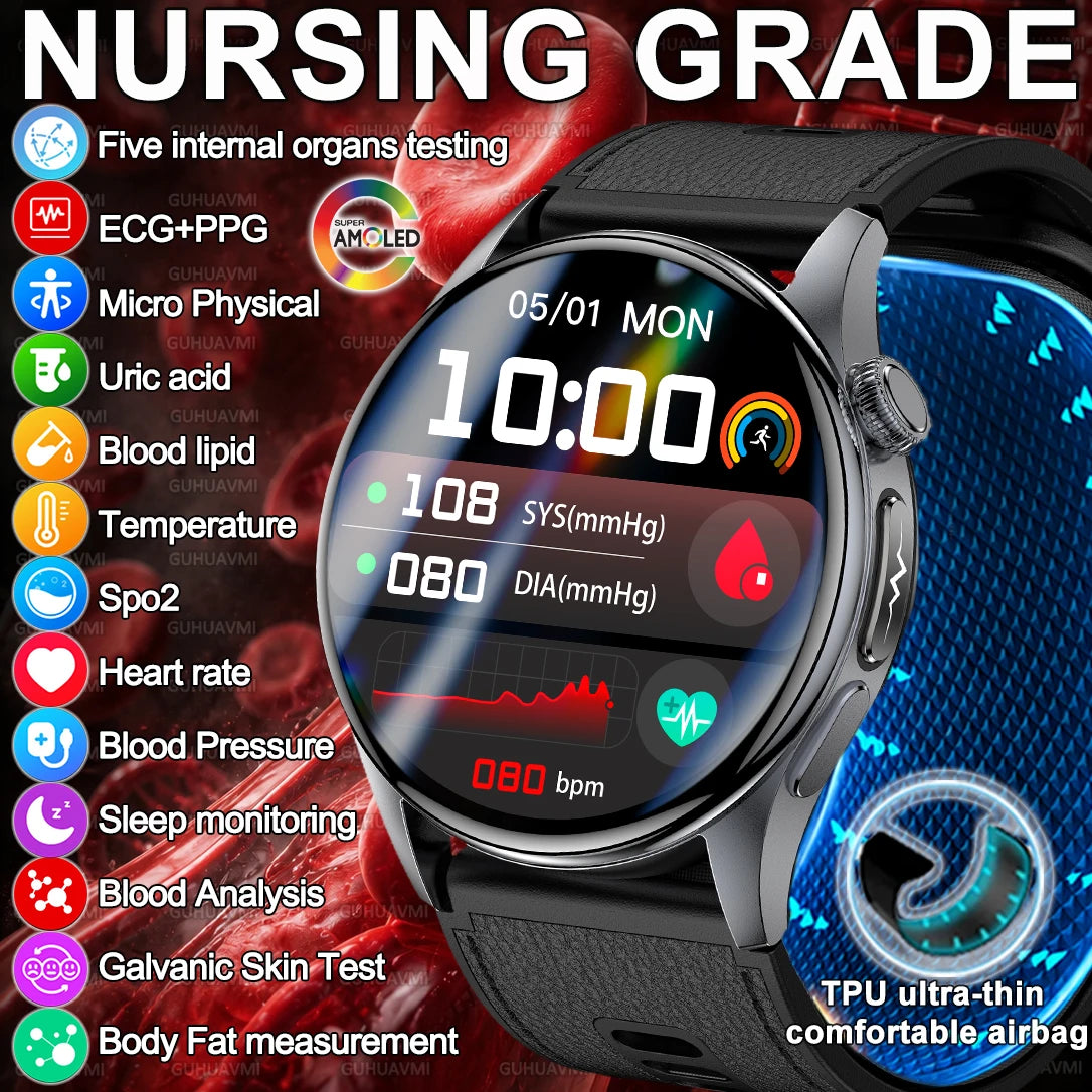 2026 New Nursing Grade Air Pump Airbag Smart watch Cuff Blood Pressure Detection ECG+PPG Multi Health Monitoring Smart Watches