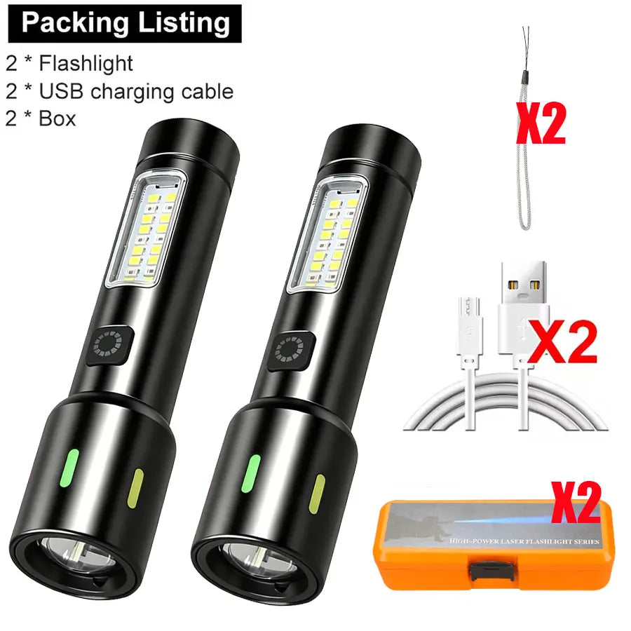 LED+COB Portable Flashlight Zoomable Small Torch USB Rechargeable Outdoor Camping Fishing Long Range Camping Emergency Lantern