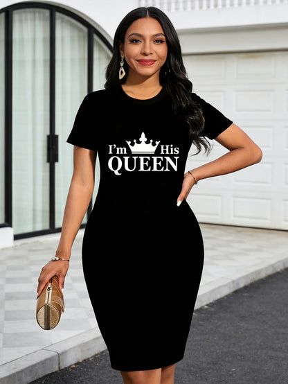 Women's Casual 'I'M HIS QUEEN' Theme Letter and Geometric Pattern Print Long-Sleeved T-Shirt Dress - Round Neck Short Sleeves, L