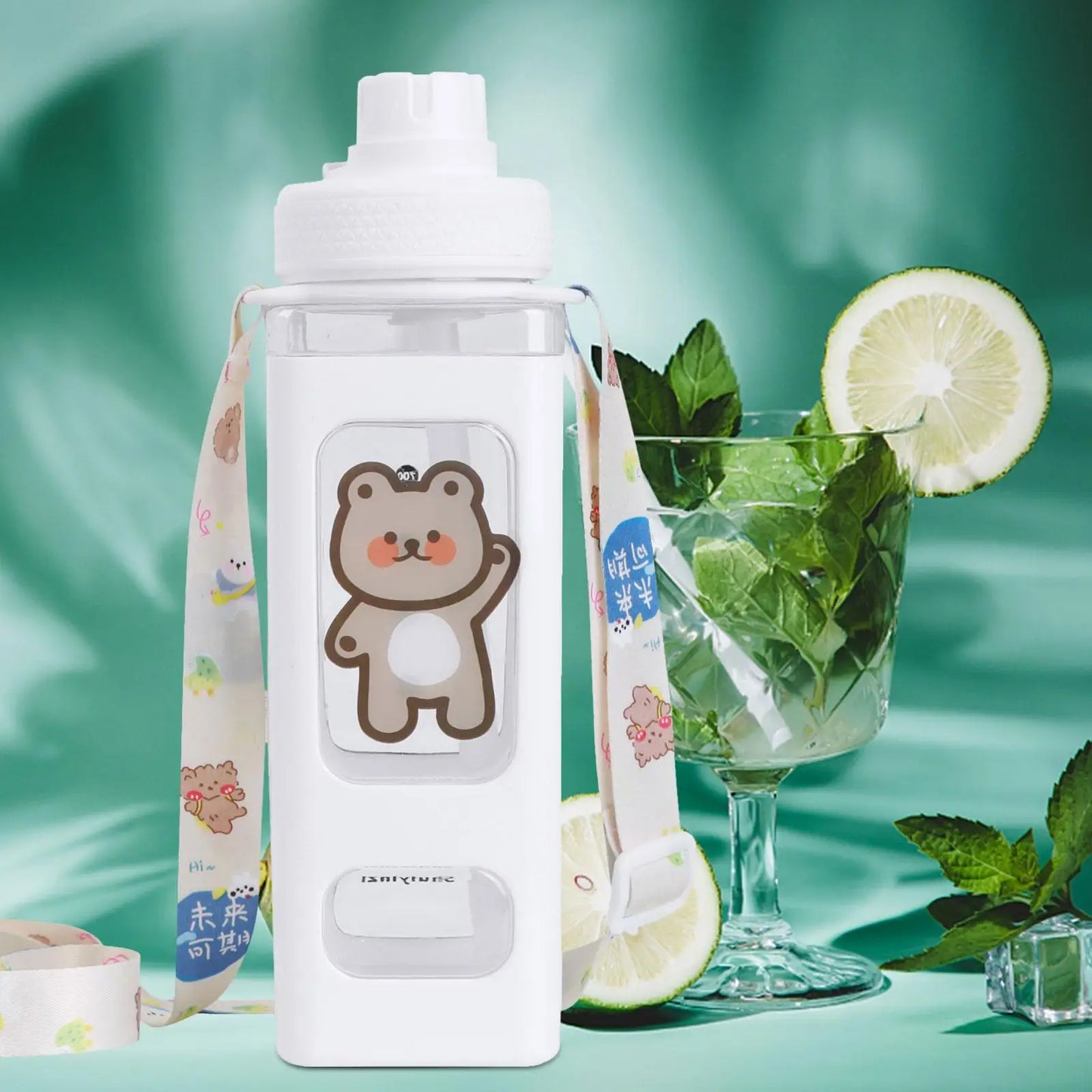 Water Bottle with Straw - 700ml 24 Oz Drinking Bottle Square Cute Water Jug