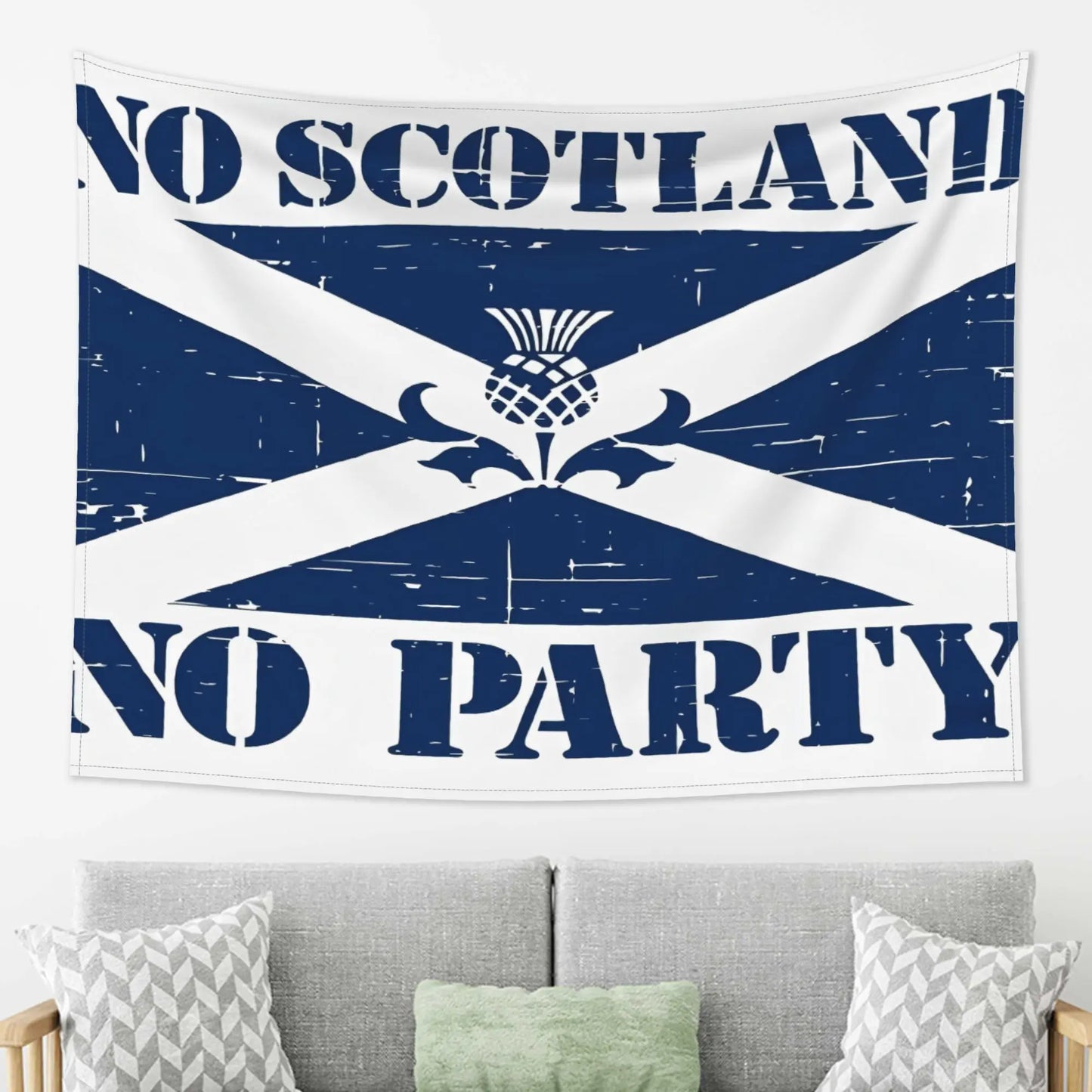 VIKAMA “No Scotland, No Party” Tapestry, Wall Hanging Featuring the Scottish St. Andrew’s Cross and Thistle Motif, Home Decor