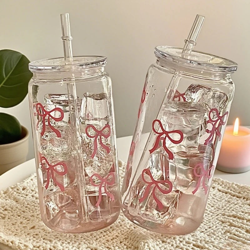 500Ml Pink Bow Print Water Bottle Drinking Can Iced Hot Coffee Juice Plastic Cup Pink Bowknot Tumbler Cup Straw Cup