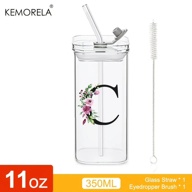 1PCS 24 Letter-Shaped Glass Tumblers with Lid And Straw Coffee Tumbler 300ML Clear Square Drinking Tumbler For Coffee Beer Milk