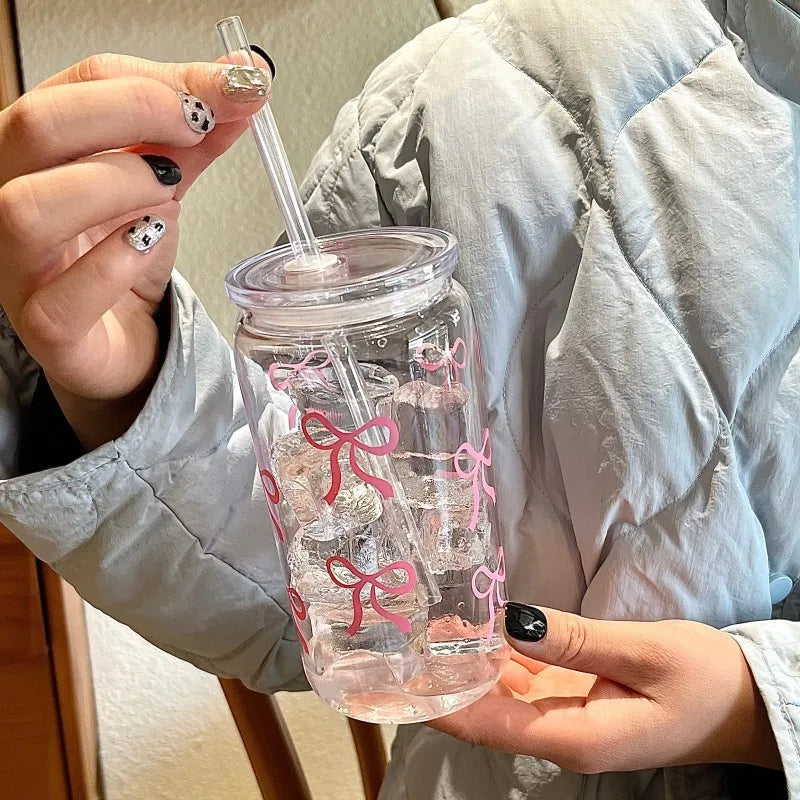 500Ml Pink Bow Print Water Bottle Drinking Can Iced Hot Coffee Juice Plastic Cup Pink Bowknot Tumbler Cup Straw Cup