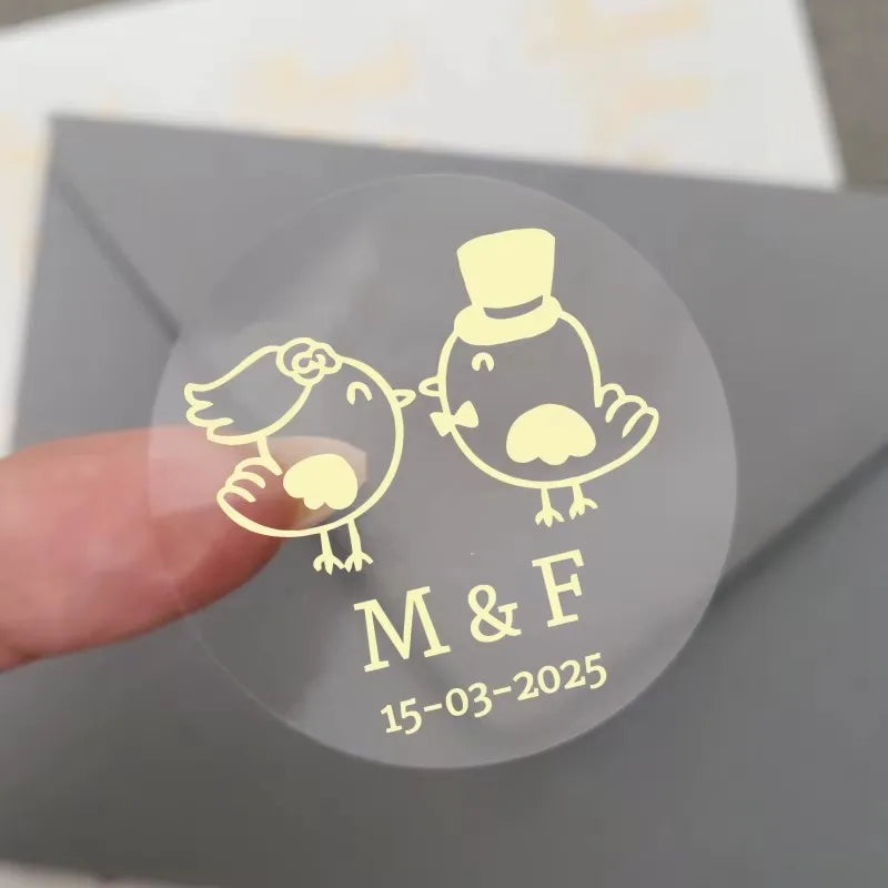 50pcs Custom Transparent Wedding Stickers, Square Transparent Stickers, Personalized Wedding Stickers with Gold Foil Labels
