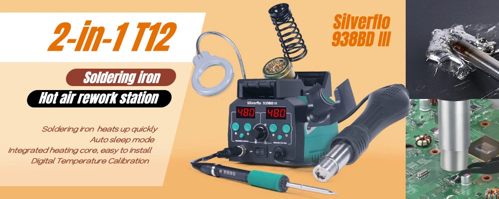 Silverflo 902D-III Rework Soldering Station 2 in 1 Hot Air  Welding Station with 3 Pre-set Channels,Sleep Mode for SMD Rework