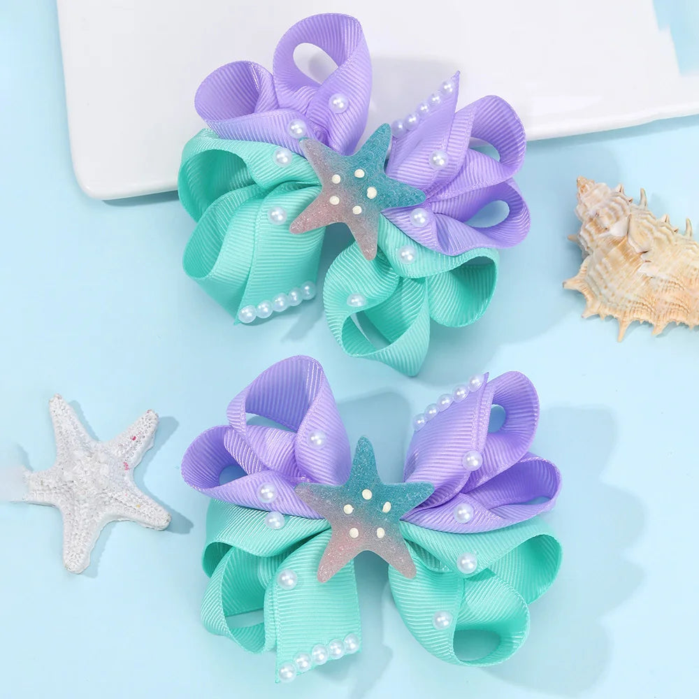 2Pcs Starfish Bow Hair Clips For Girls Sweet Ribbon Patchwork Cute Pearls Hairpins Kids School Trendy Headwear Accessories