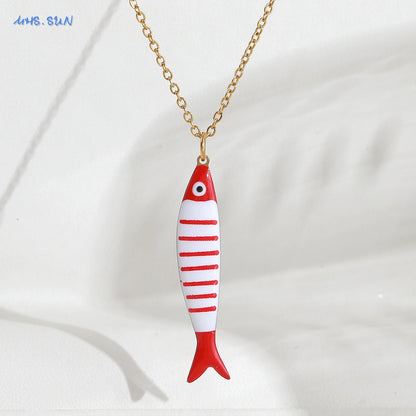 Cute Colorful Enamel Fish Pendant Necklaces For Women Girls Lovely Stainless Steel Gold Color Summer Waterproof Beach Jewelry