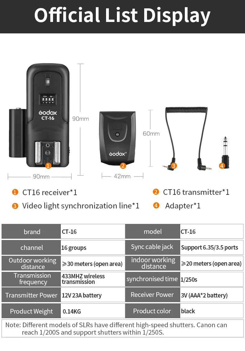 Godox CT-16 16 Channels Wireless Radio Flash Trigger Transmitter + Receiver Set for Canon Nikon Pentax Studio Speedlite Flash
