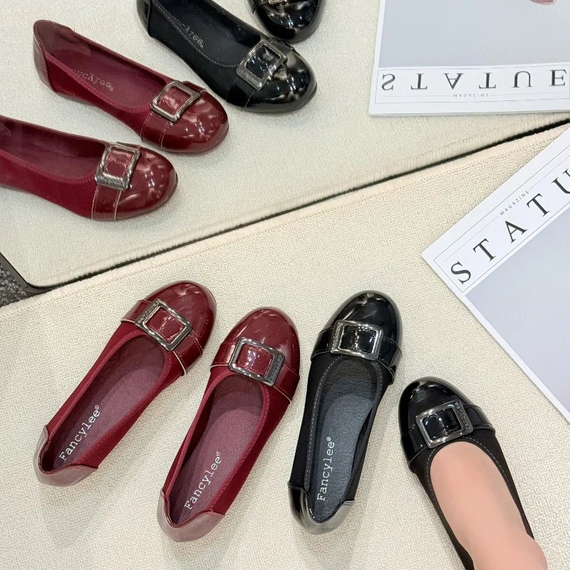 Women Flat Shoes Comfortable Slip On Loafers Vintage Square Buckle Soft Sole Ballet Flats Spring Office Work Casual Footwear