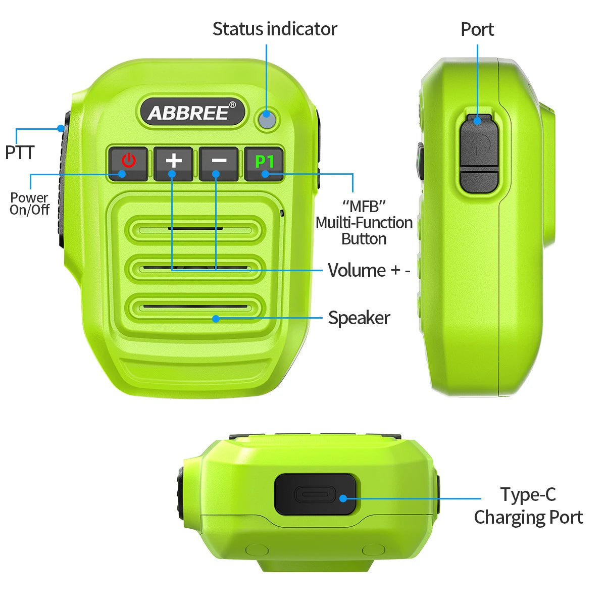 ABBREE Wireless Mic Bluetooth PTT Handsfree Speaker Microphone for Baofeng UV-5R UV-21 BF-888S Quansheng UV-K5(8) UV-5R Plus