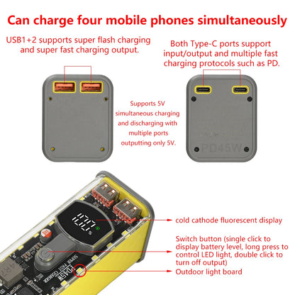 22.5W/45W 18650 Power Bank Case Fast Charging DIY Transparent Battery Storage Box Digital Display USB Type-C Battery Holder