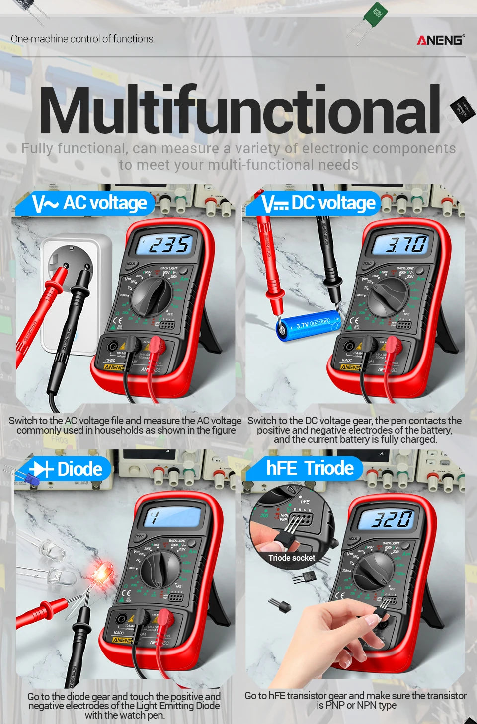 Digital Multimeter Professional ANENG AN8205C AC/DC Voltage Meter DC Current Resistance Diode -40℃~1000℃ LCD Backlight Tester