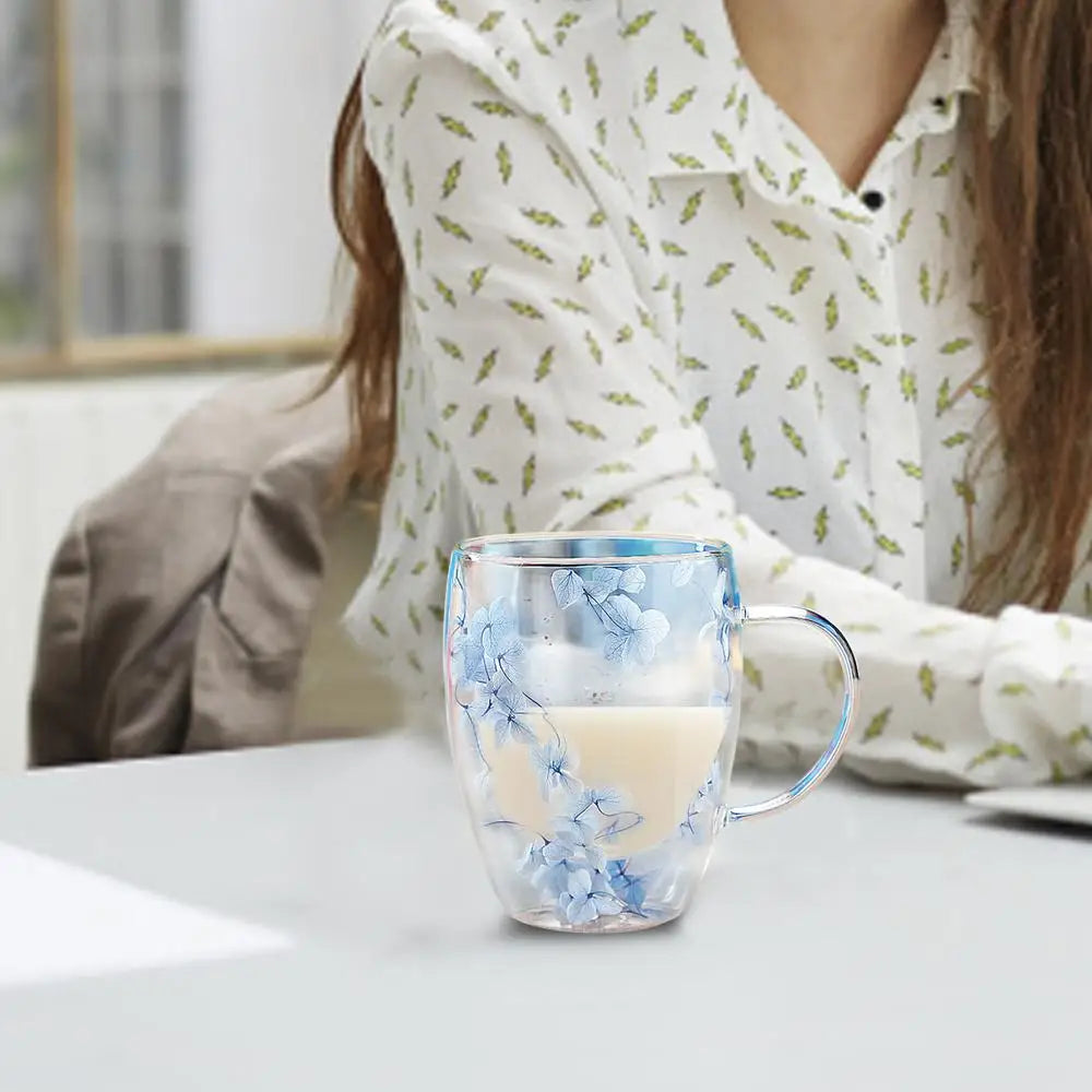 Insulated Layer Flowers Coffee Cup Double Walled Glass Coffee Mug Handle Anti-Scald Glass Mugs Dried Flowers Heat Insulation cup