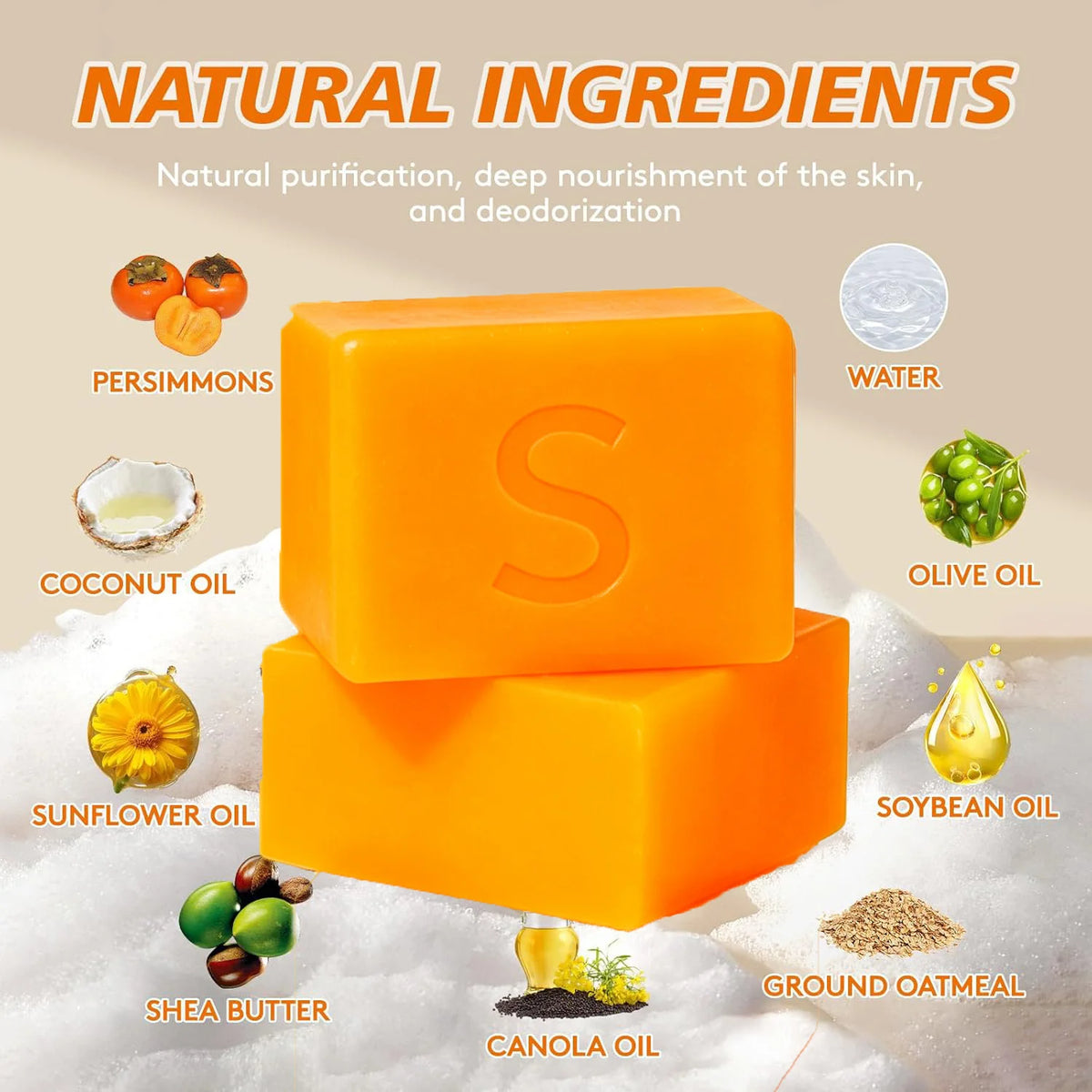Persimmon Soap Bar and Persimmon Body Wash for Body Odor Control Natural Fruity Aroma Shower Cleanse Gel Bath Soap for Women&Men