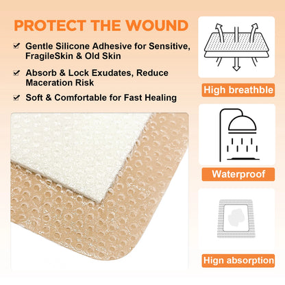 10pcs 3"x3"Silicone Foam Dressing Waterproof and High Absorbency Wound Bandage,Silicone Foam Border Pad for Wound Care