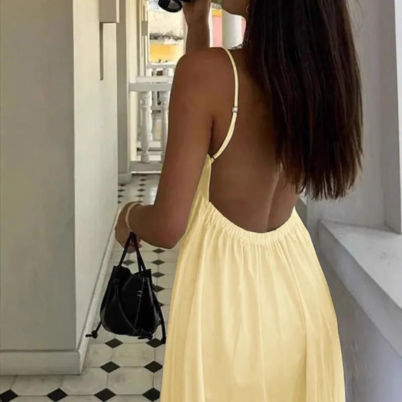 New Dresses 2025 Woman Fashion Summer Sexy Backless V-neck Skirt Holiday Solid Colours Top Clothing