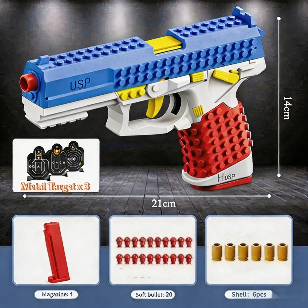 SIG17 Hanging Toy Gun Continuous Firing Building Block Pistol Shell Throwing Airsoft Blowback Toy Outdoor Shooting for Children