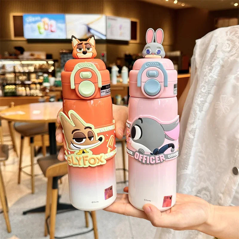 X&W  Zootopia Judy Nick Stainless Steel Insulated Cup Double Drinking Straw Cup Warm and Cold Proof Outdoor Sports Water Bottle