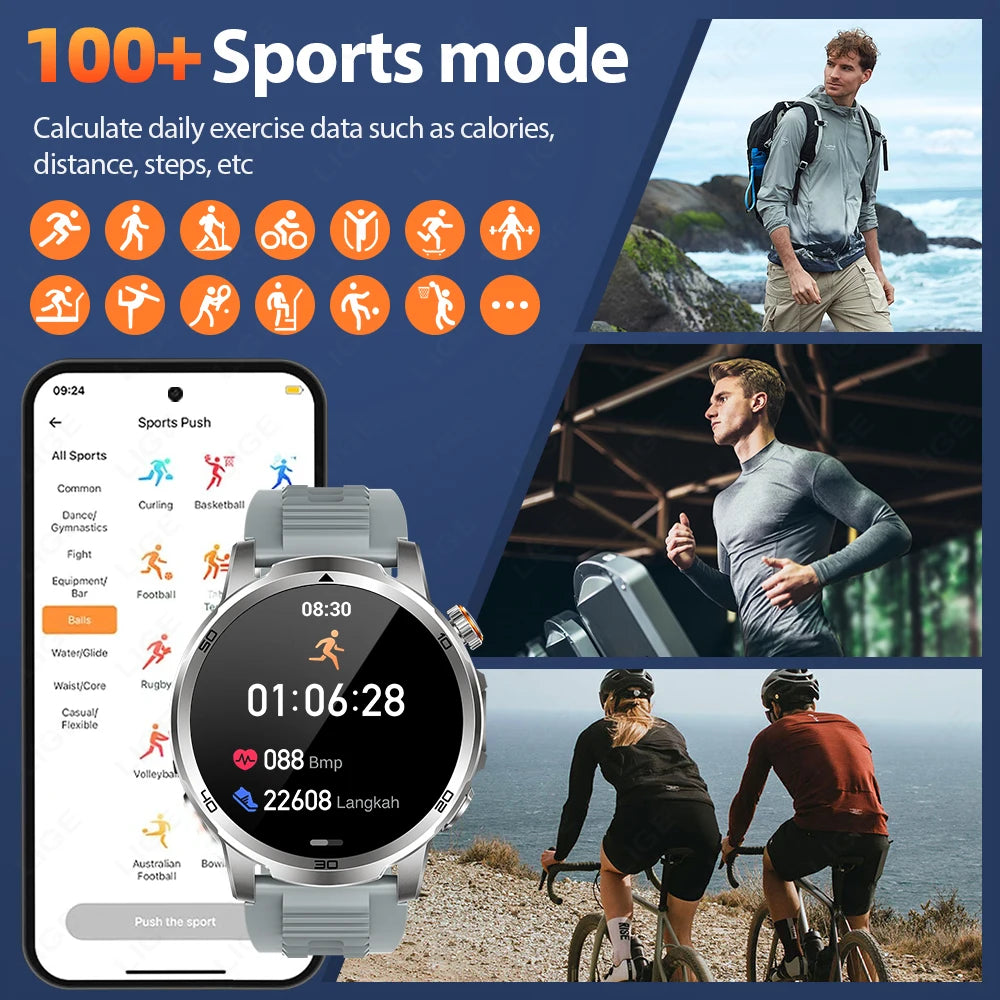 LIGE Nowy Wojskowy Zewnętrzny Inteligentny Zegarek 1,85" AMOLED Bateria 1000mAh 5ATM Wodoodporny Rozmowy Głosowe Sportowa Męska Opaska Fitness