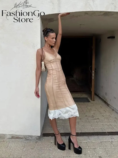 Lace Hem Corset Style Long Dress Skin Tone Mesh Vertical Stitch Slim Mid Length Silhouette 2026 Summer Holiday Women Daily Wear
