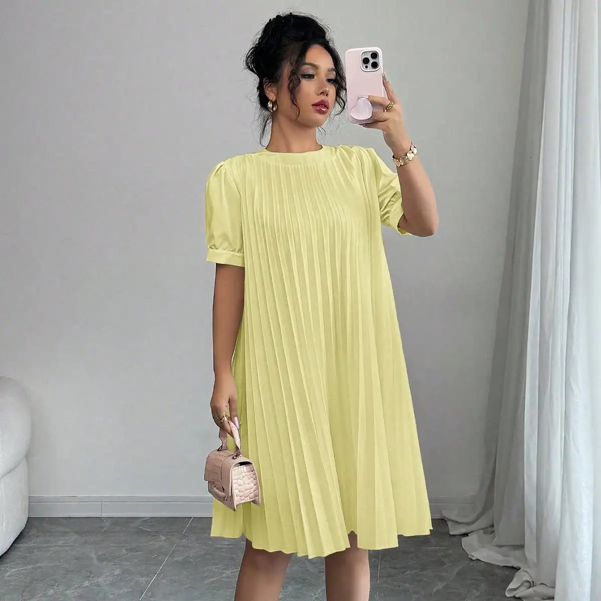 Women's Pure-Color Pleated Puff Sleeve Midi Dress - Elegant Round Neck Loose A-Line Swing Dress for Office, Casual Daily Holiday