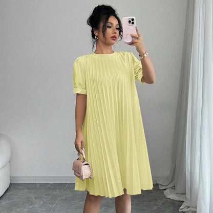 Women's Pure-Color Pleated Puff Sleeve Midi Dress - Elegant Round Neck Loose A-Line Swing Dress for Office, Casual Daily Holiday