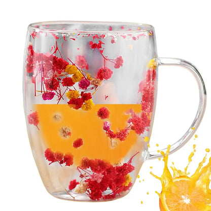 Insulated Layer Flowers Coffee Cup Double Walled Glass Coffee Mug Handle Anti-Scald Glass Mugs Dried Flowers Heat Insulation cup