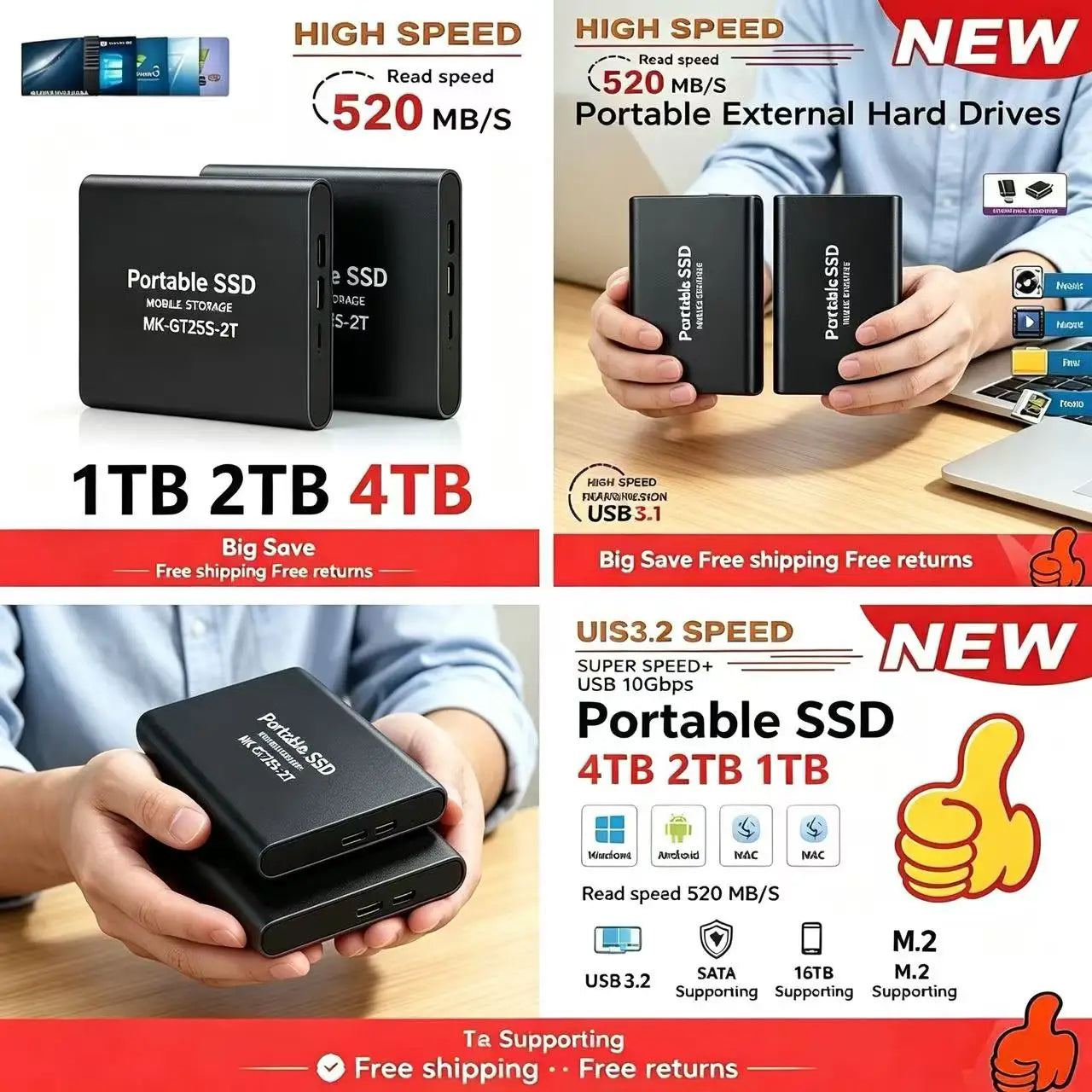 Przenośny dysk SSD (1TB), szybki zewnętrzny dysk twardy (2TB/4TB), dysk twardy USB 3.2, dysk półprzewodnikowy o dużej pojemności 16TB