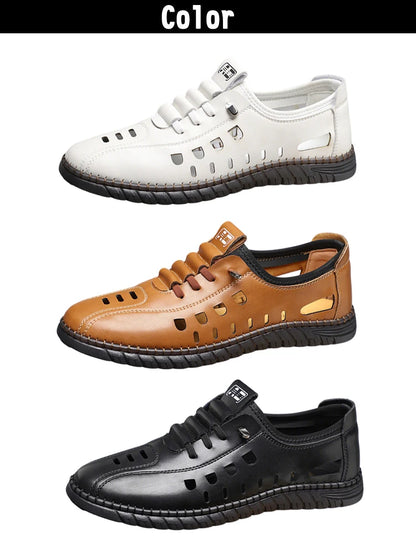 Men's Comfortable Breathable Business Hollow Loafers Slip-On Soft Bottom Sandals Easy Wear Hole Hole Shoes-HT2273