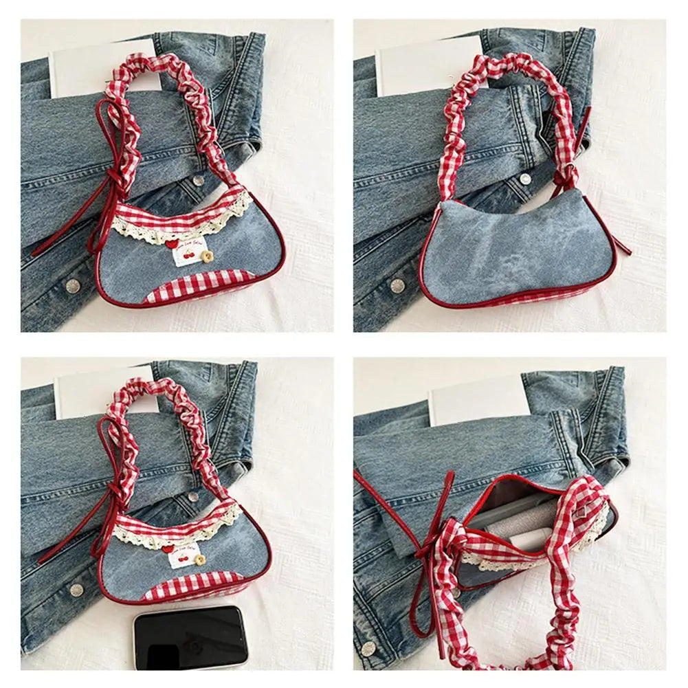 Fashion Grid Mini Handbag with Adjustable Shoulder Strap Korean Style Hand-held Commuting Bag Single-Shoulder Crossbody Underarm