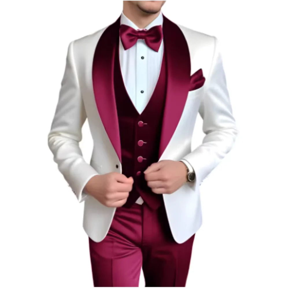 Formal 3 Piece Men's Suits Elegant Full Set Single Breasted Shawl Lapel Blazer Party Outwear Homme Costume（Jacket+Pants+Vest)
