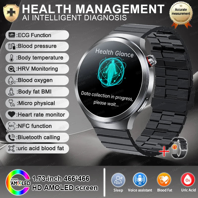 2026New 1.73-inch Sapphire AMOLED Smart Watch Men Women ECG Uric Acid Blood Pressure Health Track Call Clock Care Smartwatch NFC