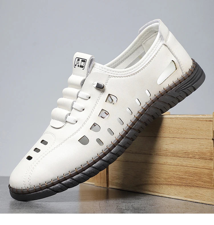 Men's Comfortable Breathable Business Hollow Loafers Slip-On Soft Bottom Sandals Easy Wear Hole Hole Shoes-HT2273