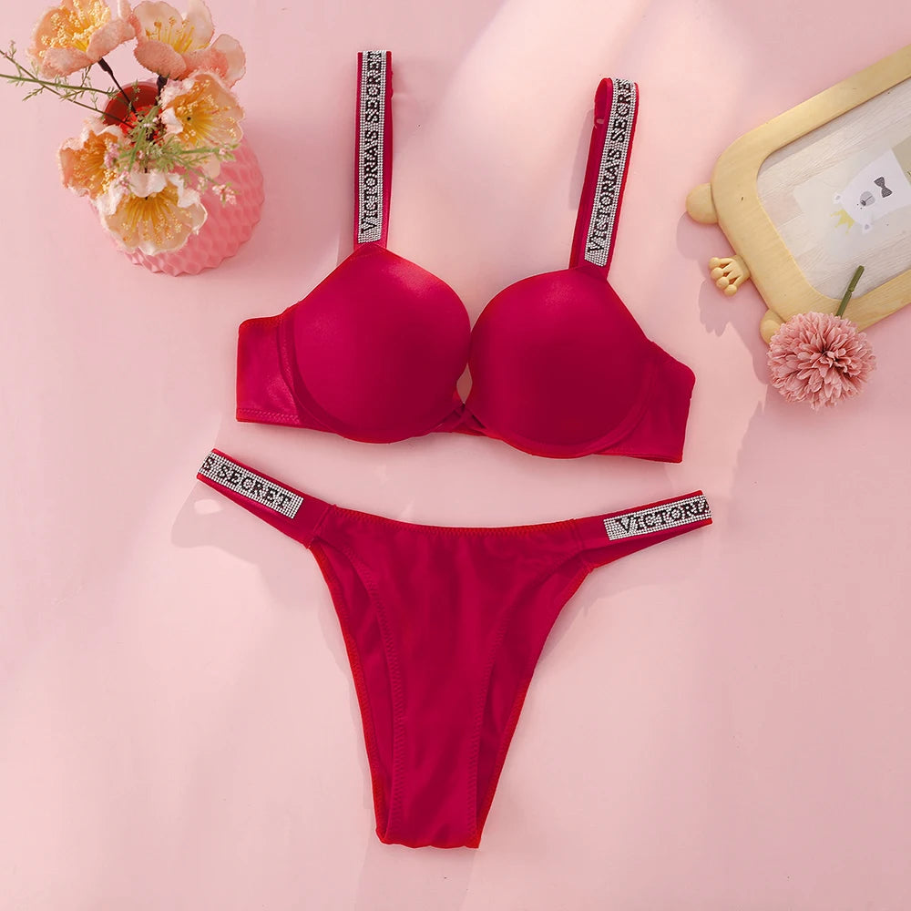 Victoria s Secret Rhinestone Logo Shoulder Straps Lace Underwear Sexy Lingerie Set Push Up Bra And Panties Set For Women