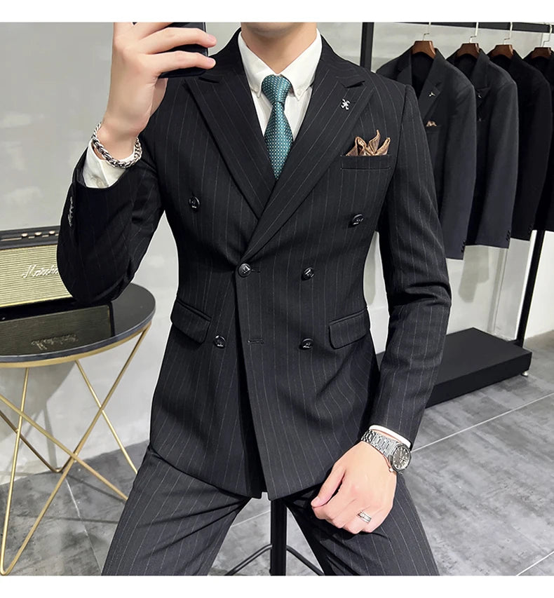 Slim Fit Double-breasted Striped Suit Vest Trousers 3-Piece Set Korean Fashion M-7XL Men's Fashionable Striped Three-piece Suit