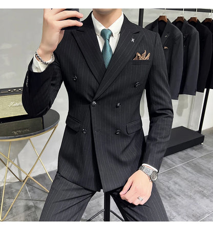 Slim Fit Double-breasted Striped Suit Vest Trousers 3-Piece Set Korean Fashion M-7XL Men's Fashionable Striped Three-piece Suit