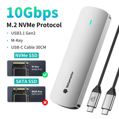 Yottamaster SATA M.2 NVMe SSD Enclosure Dual Portocol NVMe to USB Adapter USB 3.1 Gen2 USB C External Case Box Aluminum alloy