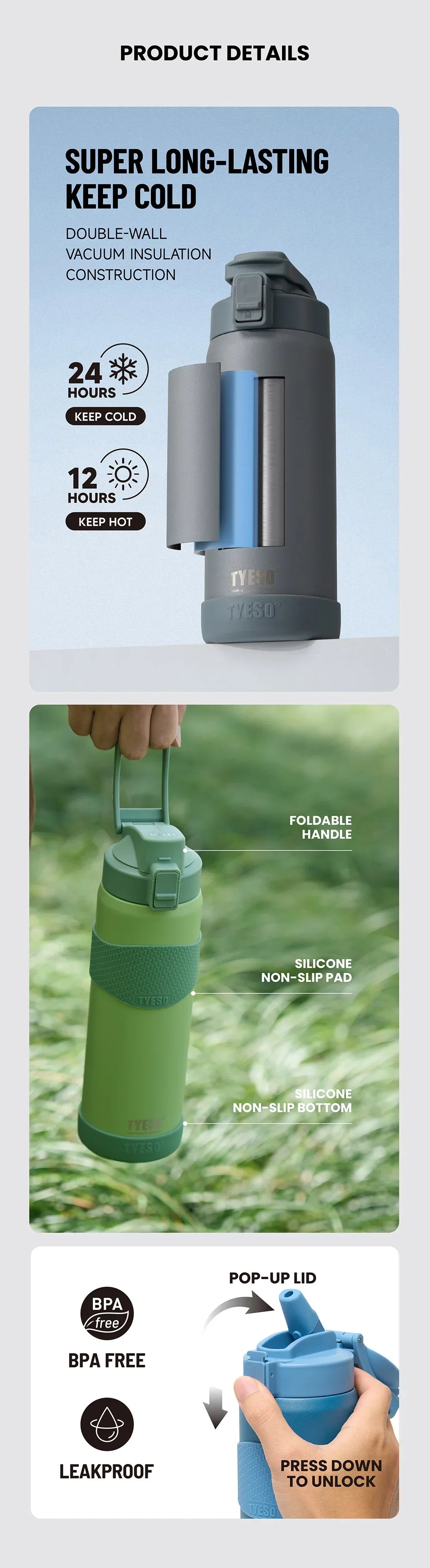 TYESO 750ML Double Wall Insulated Water Bottle Hot Water 304 Stainless Steel Flask for Fitness Outdoor Hiking Coffee Sticker