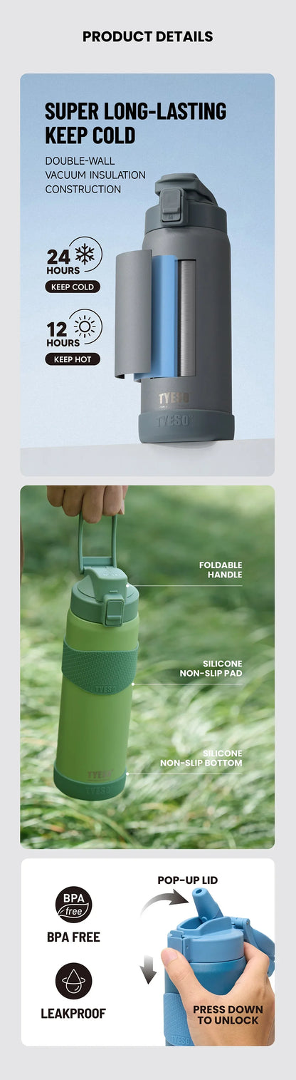 TYESO 750ML Double Wall Insulated Water Bottle Hot Water 304 Stainless Steel Flask for Fitness Outdoor Hiking Coffee Sticker