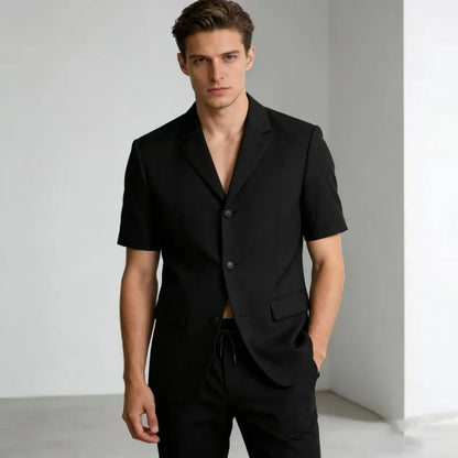 KIDWHXR Summer Man Suit Set Korean Thin Slim Short Sleeve Male 2-piece Outfit Men Single-breasted Blazer Elastic Waist Pant