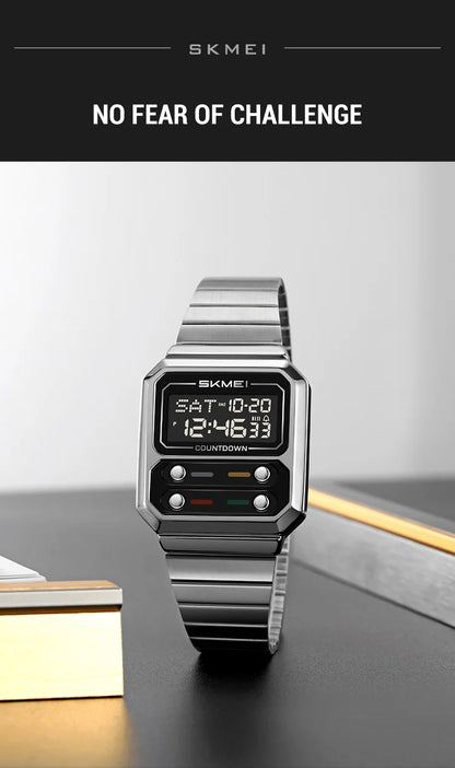SKMEI 2448 Fashion Men Electronic Watch Vintage Business Luminous Calendar Waterproof Steel Strap Casual Digital Watches for Man