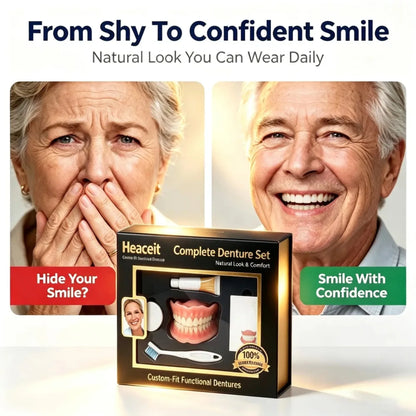 Flexible Moldable Silicone Denture Set, Upper Lower Natural Ivory False Teeth, Instant Smile with Free Toothbrush & Toothpaste
