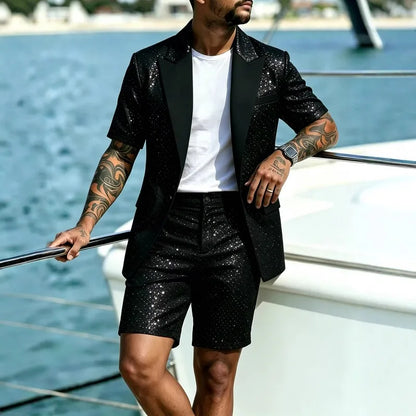 KIDWHXR Man Summer 2-piece Outfit Patchwork Short Sleeve Blazer Male Straight-leg Shorts Men Sequins Wedding Party Suit Set