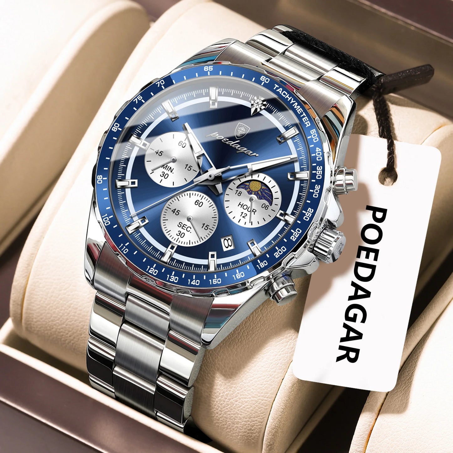 POEDAGAR Top Original Man Wristwatch Waterproof Stainless Steel Luminous Men Clock Chronograph Date Quartz Sports Men's Watches